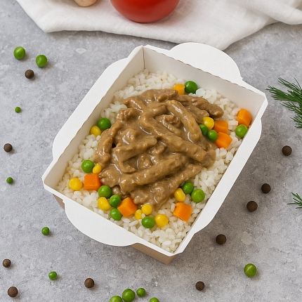 Mfood.kz Бефстроганов с рисом и овощами